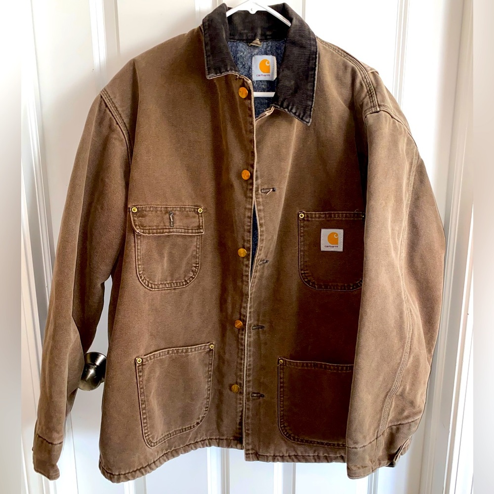 Carhartt Brown Duck Canvas Work Coat with Dark Brown Corduroy Collar